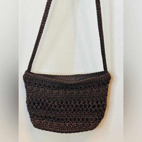 The Sak Crochet Woven Dark Brown Crossbody Shoulder Bag With Metallic Thread - Picture 2 of 6